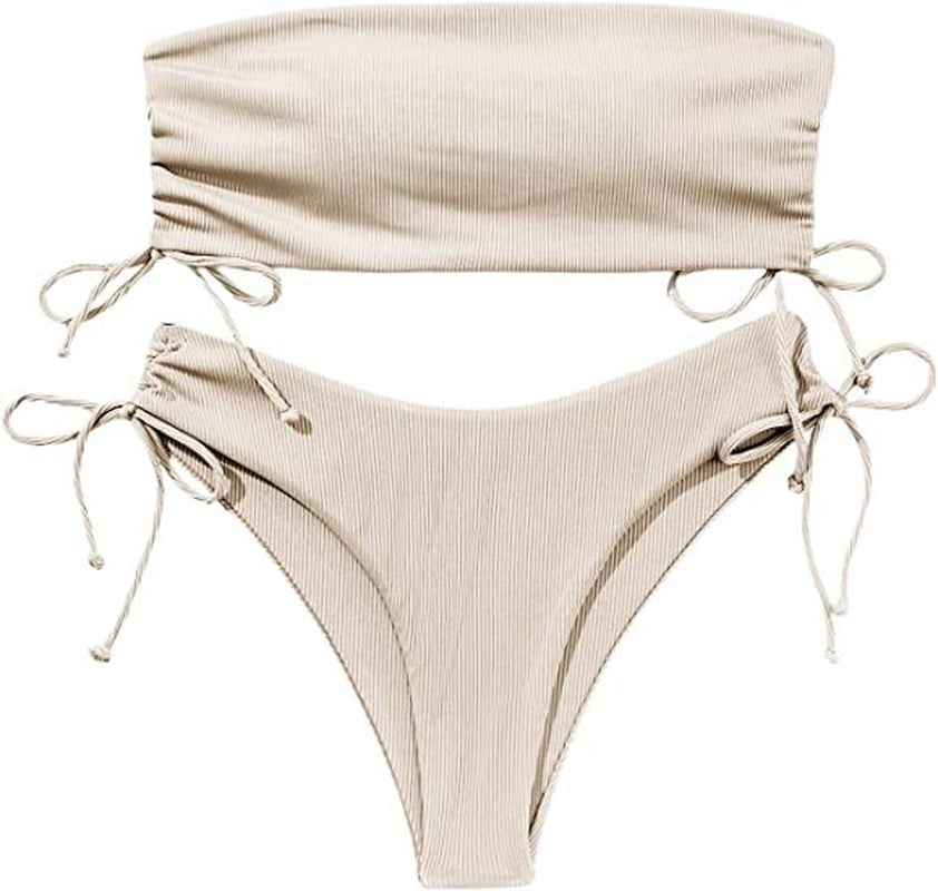 Summer Tube Bikini with Drawstring Design Solid Color Sexy Swimsuit for Beach Party Womens Clothing