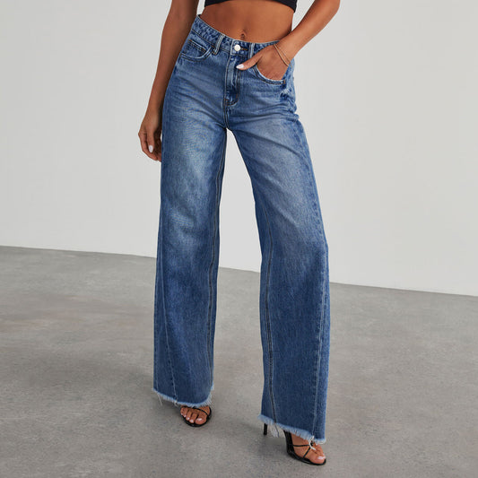 Fashion High Waist Jeans with Pockets Comfortable Slim Fit Straight Wide-Leg Pants Womens Clothing